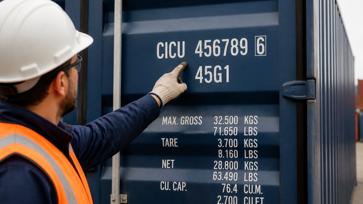 Close-up of a shipping container door showing the painted container number, owner prefix, and check digit, with a warehouse worker's gloved hand pointing at the code in daylight