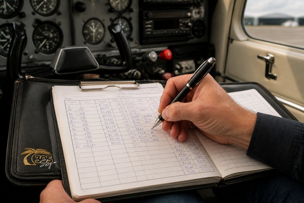 Pilot's hand writing engine hours and flight details in an aircraft logbook with a pen, showing the logbook open on a clipboard in the cockpit with instruments visible in the background