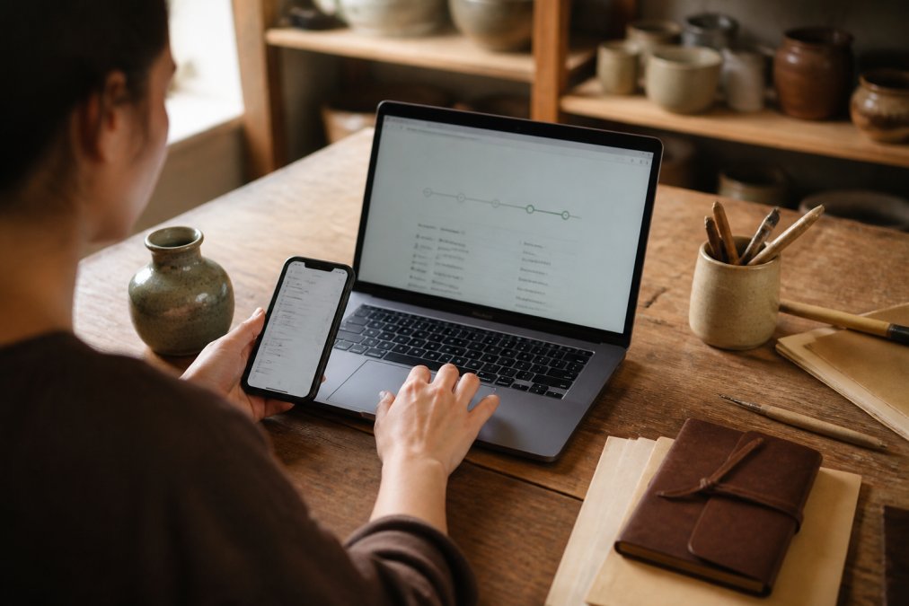A person sitting at a wooden desk with a laptop open to a tracking page, a smartphone showing a shipping notification, and a small ceramic vase nearby, in warm natural light