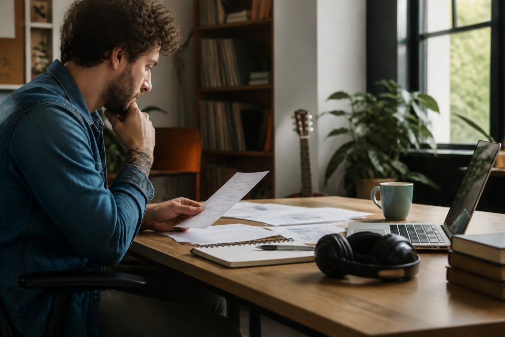 Independent artist reviewing royalty statements and spreadsheet records at a desk