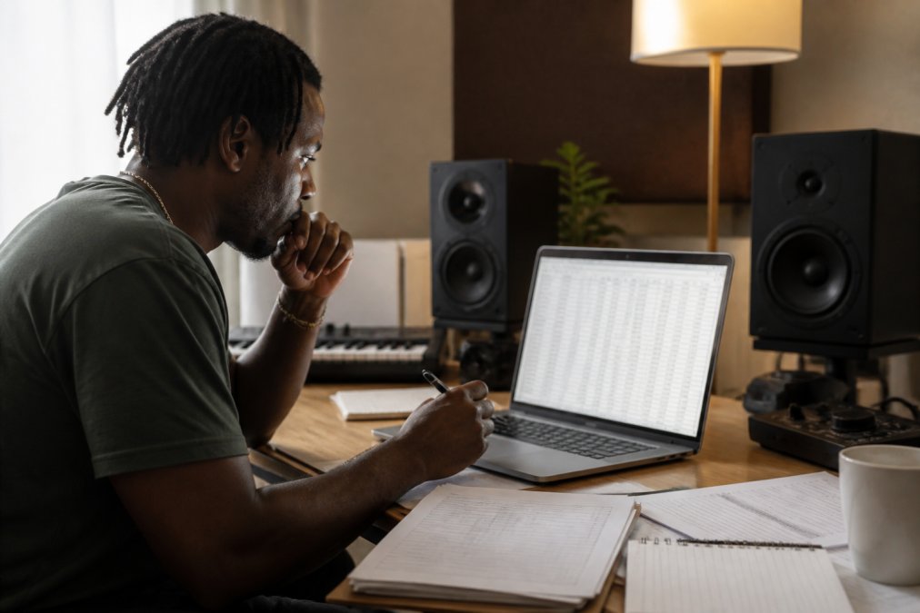 Music producer checking detailed royalty lines against a financial spreadsheet