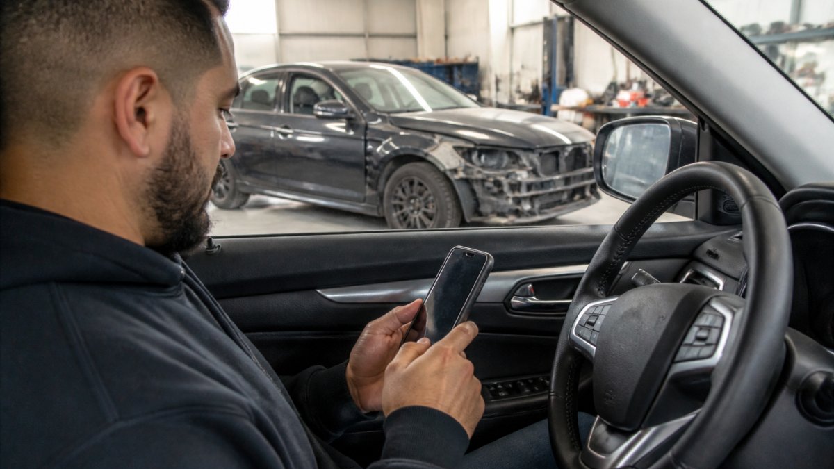 A person sitting in a parked car using a smartphone to check repair status on a customer portal, with a damaged sedan visible in the background inside a bright auto body shop