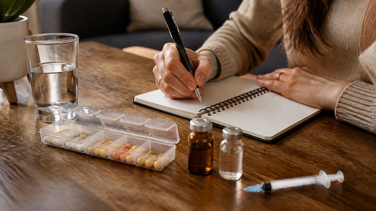 A close-up of a person's hands writing in a small notebook with a pen, with a pill organizer and a glass of water on a table nearby, in a warm home setting