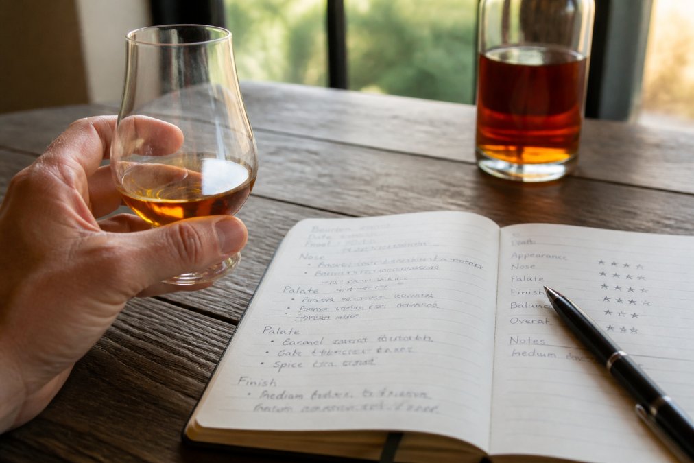 A bourbon glass held up to natural light with a filled tasting journal and pen on the table beside it, showing handwritten notes and ratings on the page, soft afternoon lighting from a window