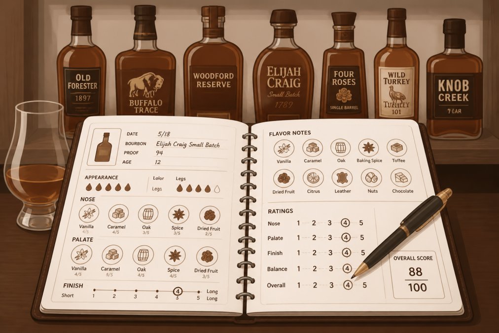 Bourbon bottles arranged on a shelf with a detailed tasting journal page in the foreground showing handwritten notes, flavor descriptors, and numerical ratings with a pen resting on the page
