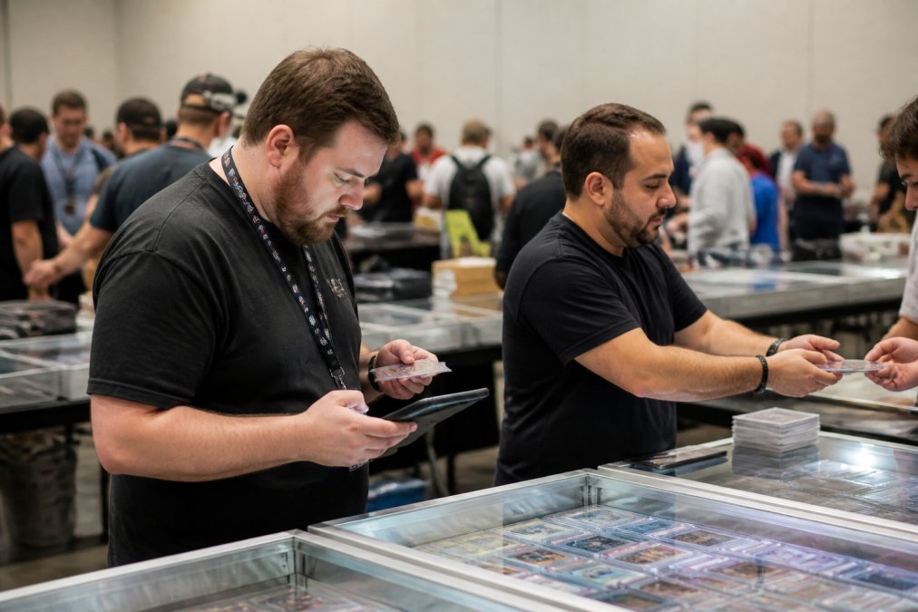 Two card vendors at a professional booth managing inventory on an iPad during a card show, one scanning a card while the other processes a customer transaction, both focused on the screen with cards and display cases visible