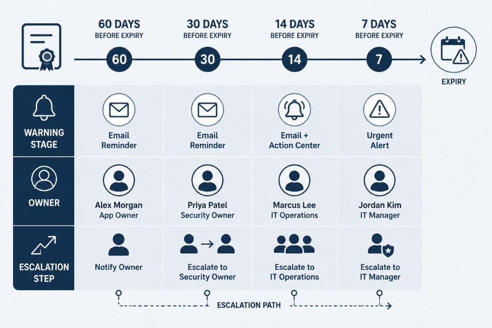 Timeline showing warning stages at 60, 30, 14, and 7 days before certificate expiration dates with assigned owners.
