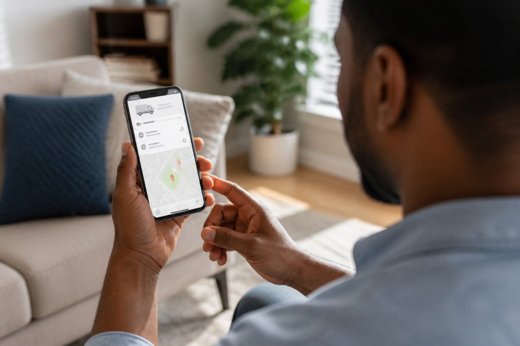 Person holding smartphone displaying a shipping tracking portal with package status updates, delivery estimate, and tracking map visible on the screen in natural daylight