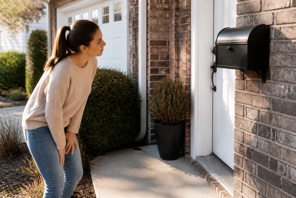 Person checking front porch and mailbox area, looking carefully for a delivered package near the entrance of a residential home in afternoon light