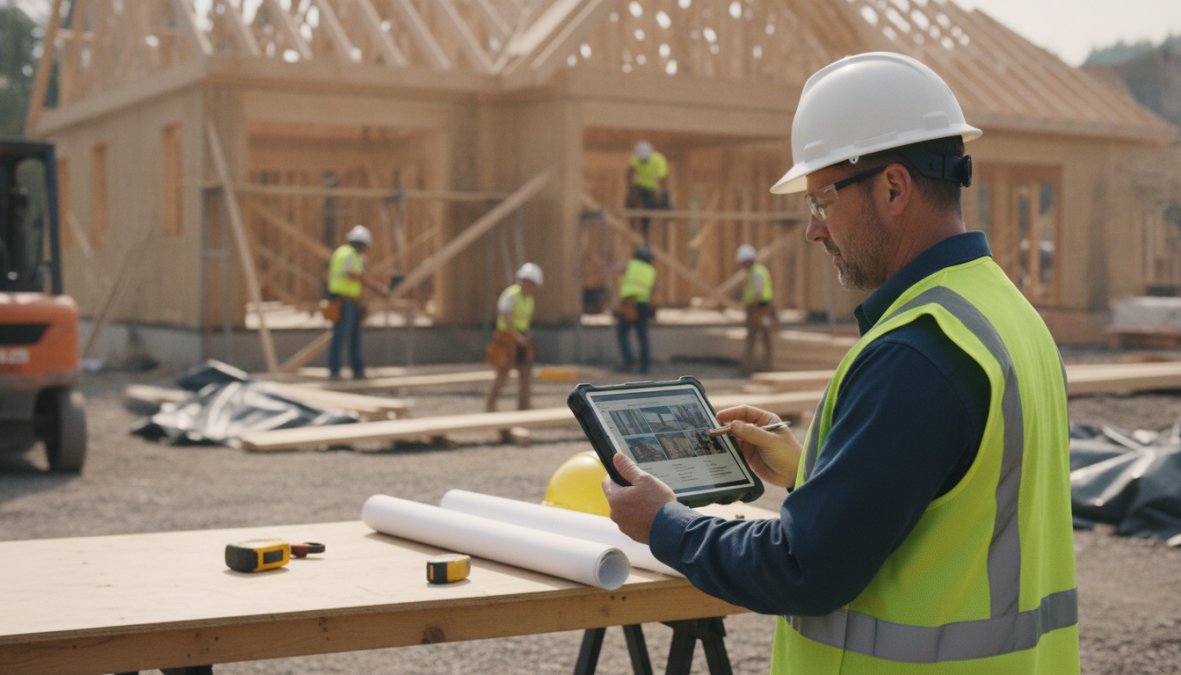 Construction superintendent reviewing daily progress photos and reports on a tablet at the job site, with workers visible in the background and morning sunlight illuminating the building frame