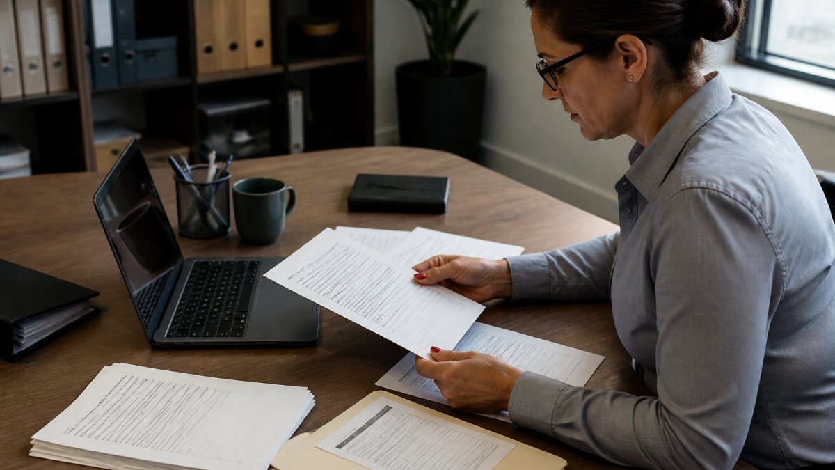 Professional compliance manager reviewing multiple entity formation documents and state filing requirements at organized desk with laptop showing centralized tracking dashboard