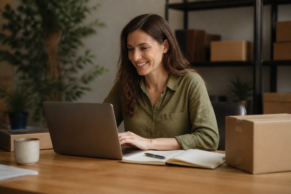 A small business owner smiling while reviewing order details on a laptop at a clean wooden desk, with a notebook and coffee nearby