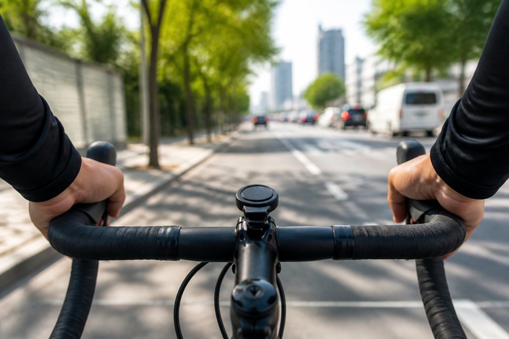 Cyclist hands on handlebars using a navigation device to track cycling stats on a busy city street