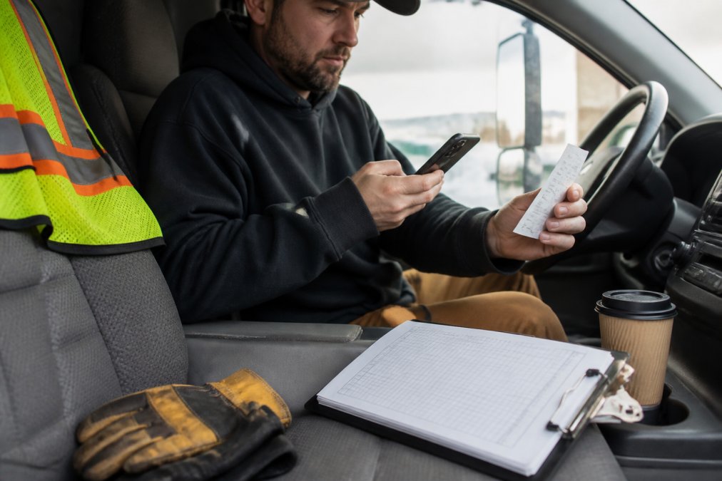 A trades business owner in a truck cab photographing a fuel receipt with a smartphone, clipboard and coffee on the passenger seat, work gloves nearby