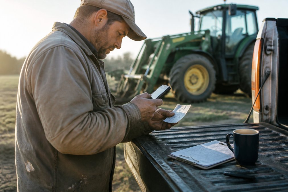 A farmer in dusty work clothes standing beside a tractor, holding a smartphone up to photograph a crumpled paper receipt, a clipboard and a coffee mug resting on the truck tailgate in morning light