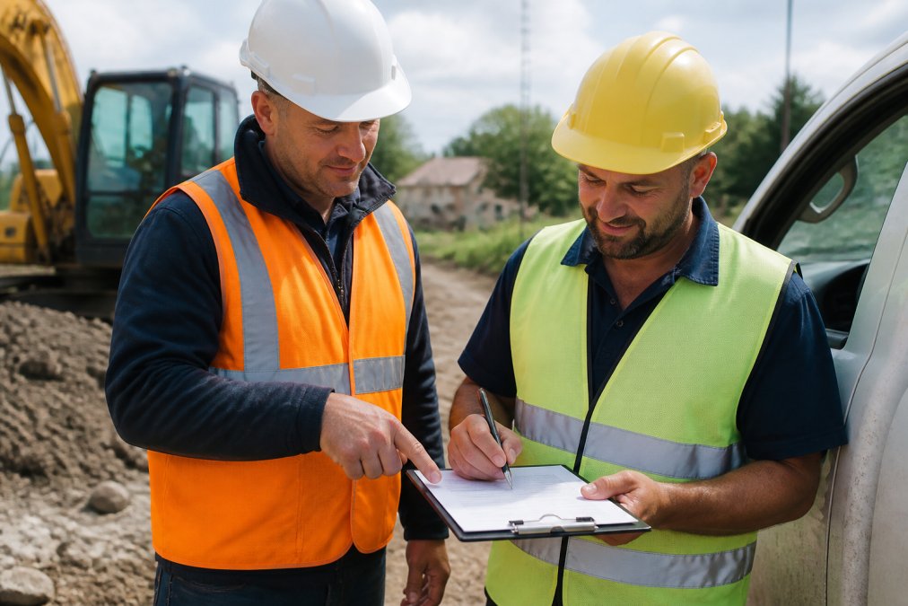 Manager and field crew worker reviewing and signing a GPS tracking consent form together at a job site, with clipboard and pen visible in natural daylight