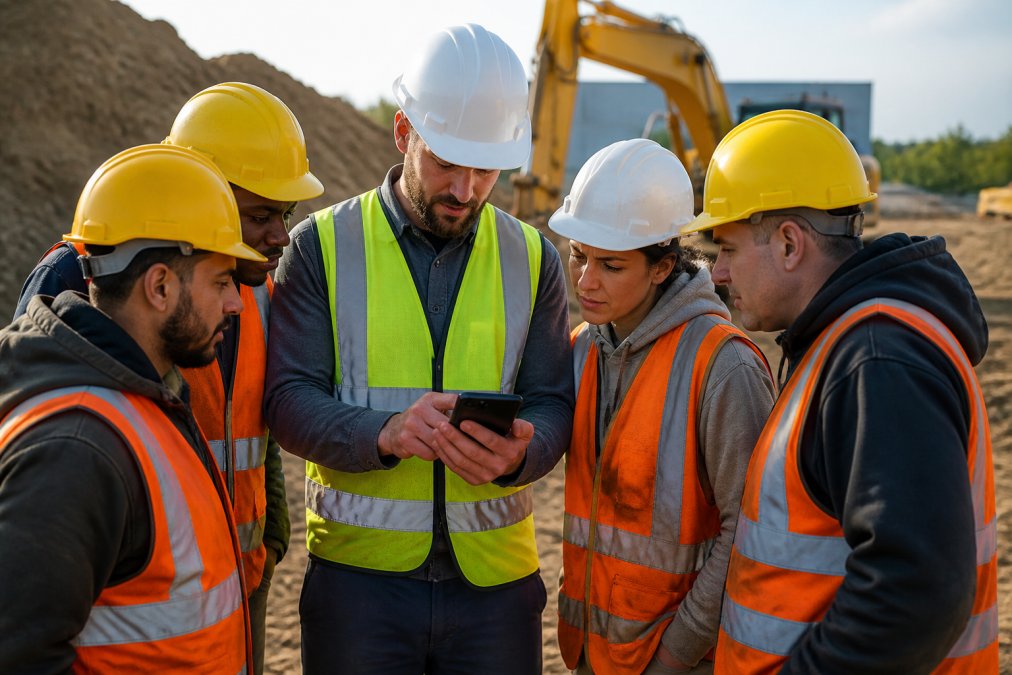 Diverse field crew team gathered around a mobile device during a job site briefing, viewing a GPS tracking map interface displayed on the screen, with natural sunlight and construction equipment visible in background