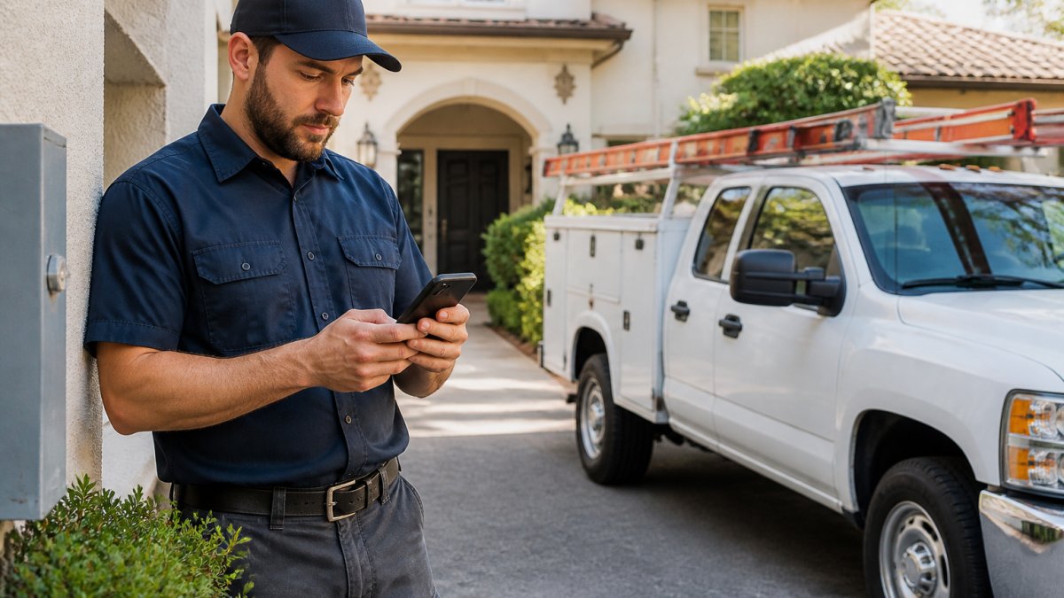Field technician checking their mobile app to track field technician location while at a residential job site