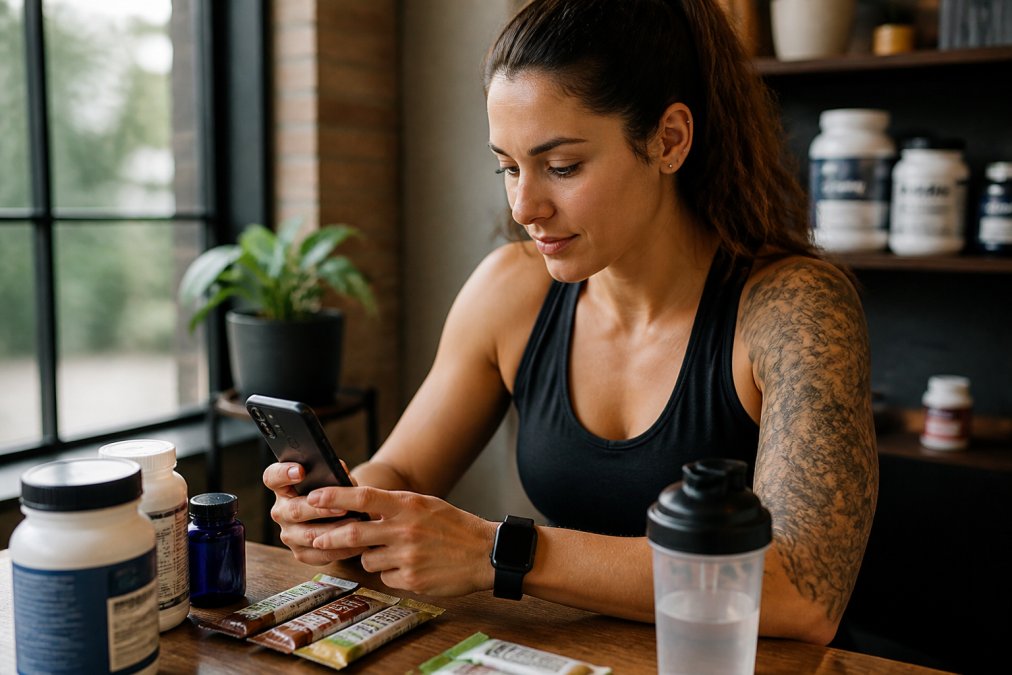 Person holding a smartphone with a fitness rewards app open on screen, smartwatch visible on their wrist, sitting at a desk with natural lighting from a window