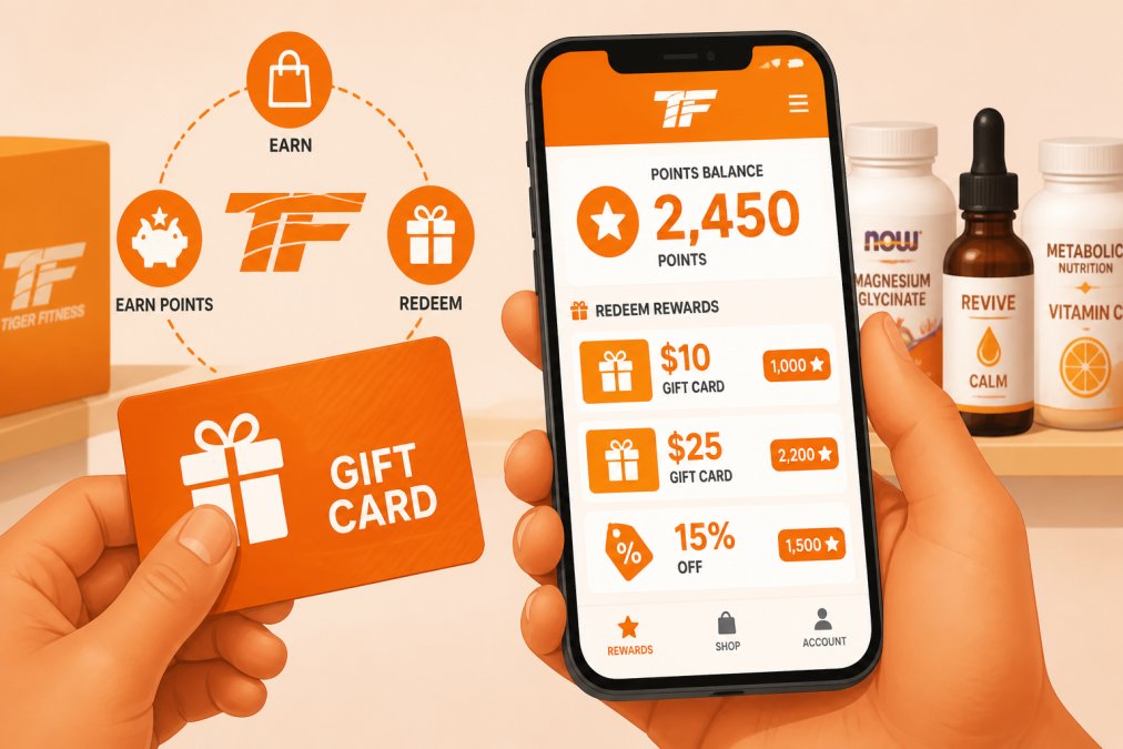 Close-up of hands holding a gift card while a smartphone displays a rewards redemption screen showing points balance and available options