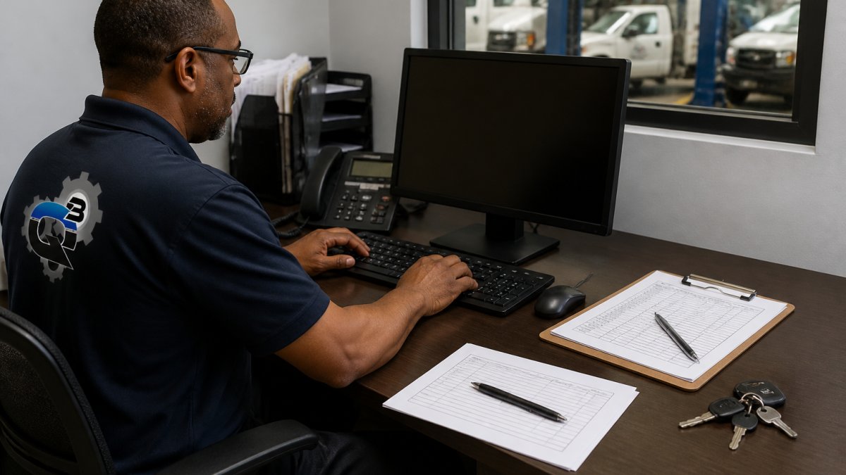 Fleet manager reviewing detailed maintenance records on a desktop computer in a modern office, with a clipboard, vehicle keys, and maintenance log sheets visible on the desk beside the keyboard