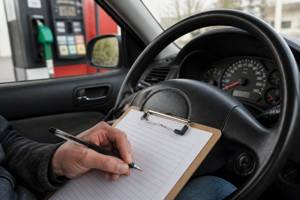 Close-up of a driver's hand holding a pen and recording odometer reading on a clipboard at the fuel pump, with the dashboard visible in the background