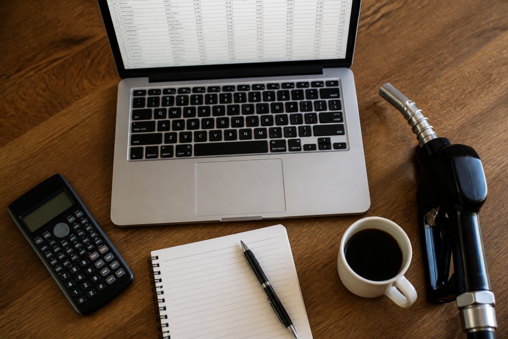Overhead view of a laptop displaying a fuel economy spreadsheet with columns for date, odometer, miles, gallons, and MPG, with a pen and calculator on the desk beside it