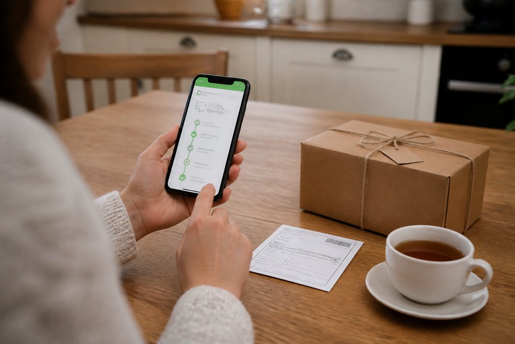 A person sitting at a kitchen table holding a smartphone showing a parcel tracking screen, with a brown gift box and a delivery docket resting beside a cup of tea