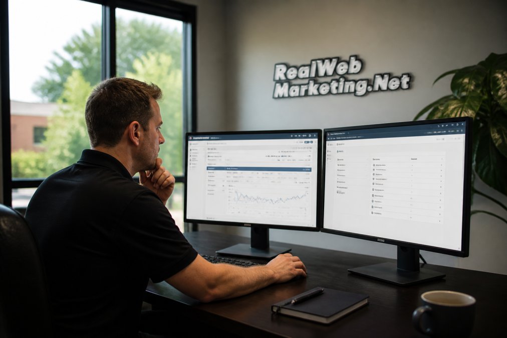 Marketing professional sitting at desk with dual monitors displaying Google Ads dashboard and conversion action setup interface, reviewing settings with focused attention