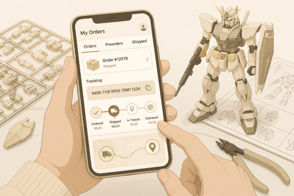 Smartphone screen showing a tracking number for gundam preorders on a desk with building tools and a model kit