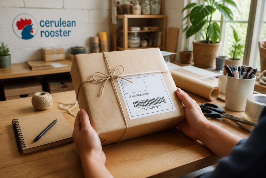 Close-up of hands holding a neatly wrapped package with a shipping label and tracking number clearly visible on the label