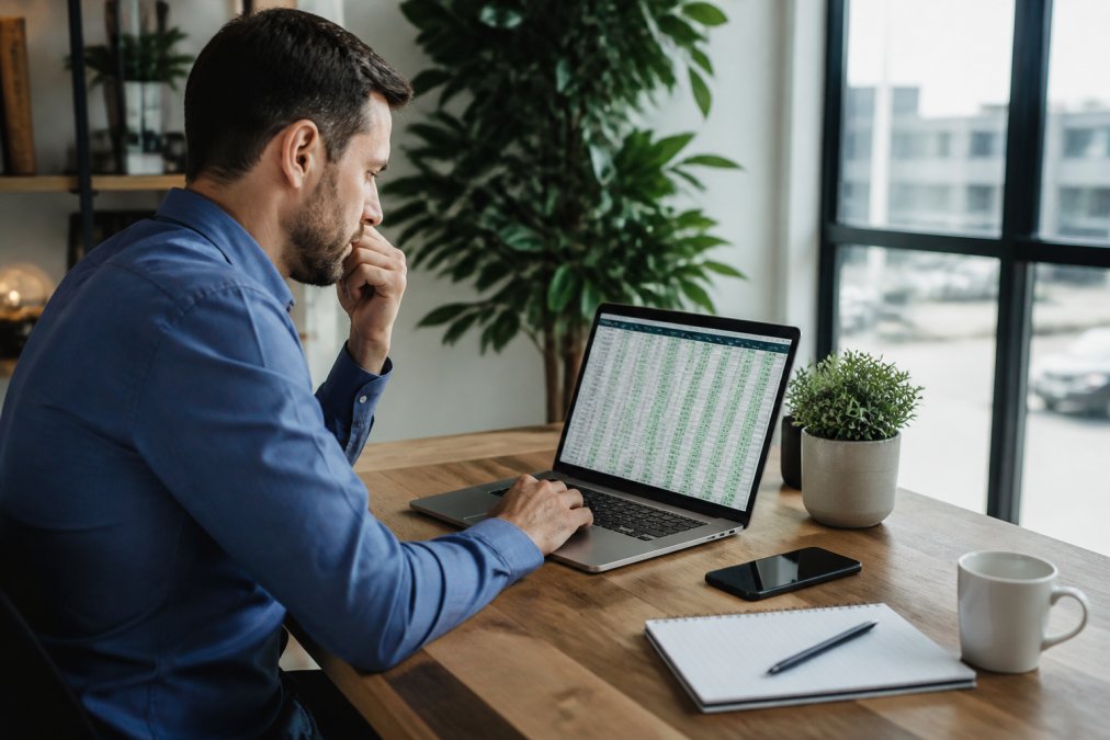 Business owner analyzing home service lead conversion data on a laptop at a bright office desk