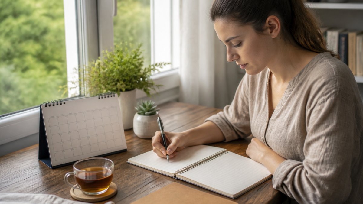 Woman writing in a notebook with a calendar visible, cup of tea nearby, natural lighting from a window
