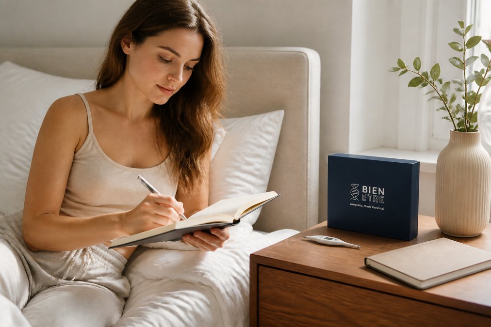 Woman writing in a symptom diary at home with a thermometer and wellness journal on a bedside table, natural morning light coming through a window