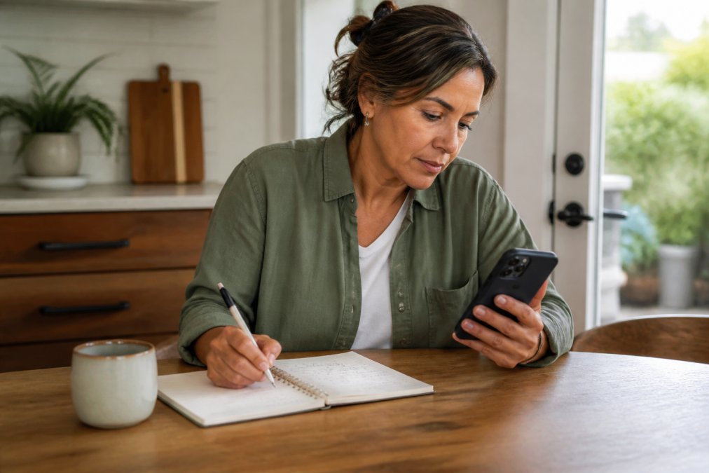 A woman in her late 40s sitting at a kitchen table with a smartphone and a paper symptom journal, writing notes while looking at a health app on the phone