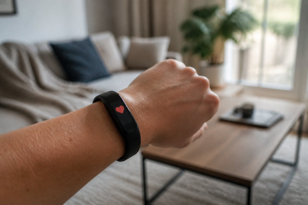 Close-up of a person's wrist wearing a sleek health monitor band with heart rate data visible on the screen, set against a softly blurred home living room background with warm natural window light