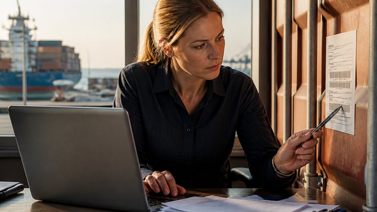 Professional freight coordinator examining shipping container label while reviewing tracking information on laptop at logistics office desk with natural office lighting