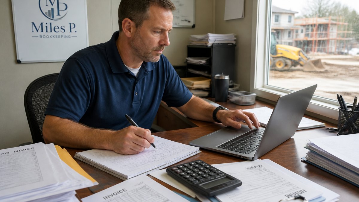 Construction business owner reviewing job costing spreadsheets on a laptop at a site office desk