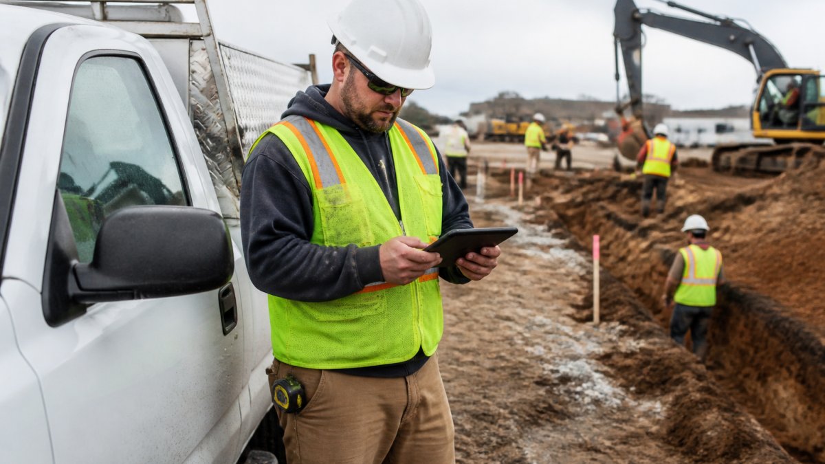 A field supervisor in a hard hat standing beside a work truck, reviewing a tablet with job cost figures while a crew works in the background at an excavation site