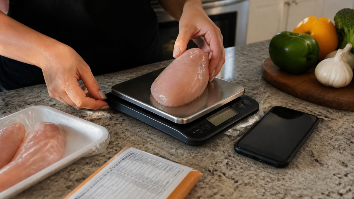 Person's hands weighing fresh chicken breast on a digital kitchen scale with nutrition label visible nearby, smartphone displaying food tracking app open on counter