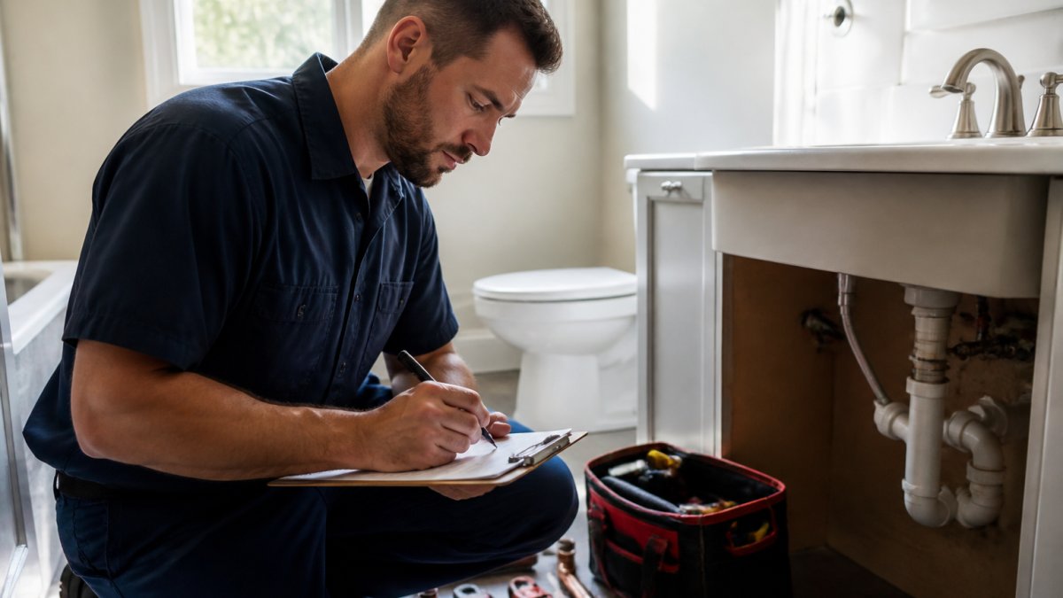 Plumbing technician in work uniform writing job details and labor hours on a clipboard at a residential bathroom job site with natural window lighting