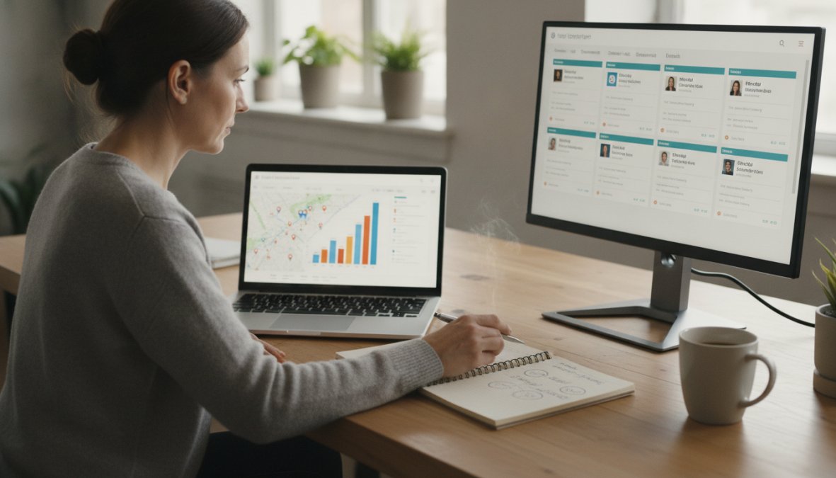 A business owner in a bright modern workspace reviewing a rank tracking dashboard on a laptop alongside a CRM interface on a second monitor, with a notepad and coffee on the desk, natural daylight from a nearby window illuminating the scene