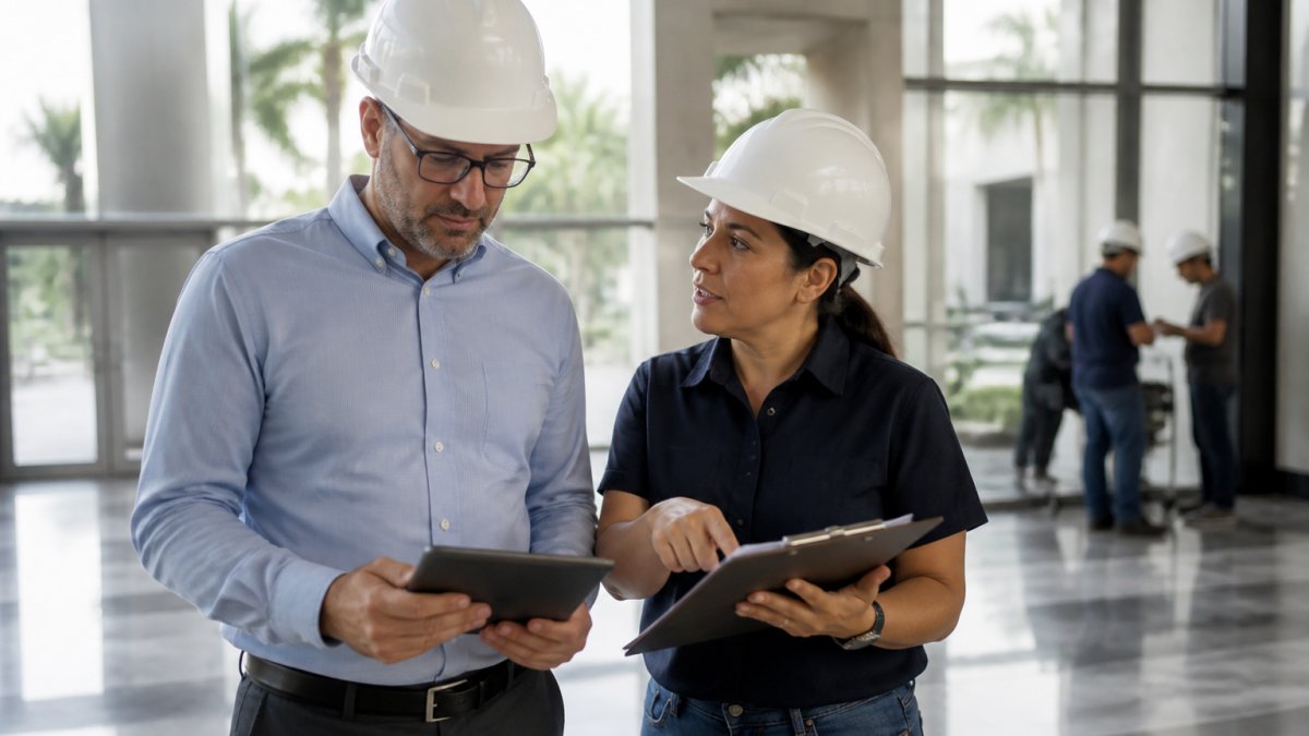A facility manager in a hard hat reviewing maintenance records on a tablet while standing in a large commercial building lobby, with a colleague pointing at a service schedule on a clipboard nearby