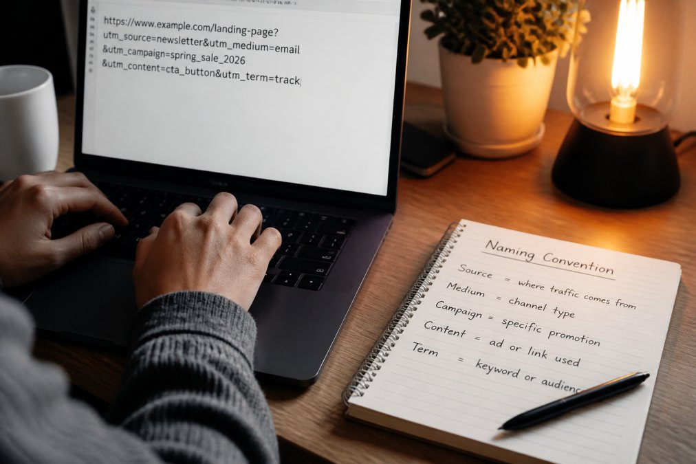 A marketer's hands typing a long URL with UTM parameters into a laptop keyboard, a spiral notebook beside it showing a handwritten naming convention template, warm desk lamp lighting