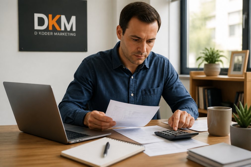 A small business owner reviewing marketing expense reports and revenue figures on a laptop at a tidy desk, calculator and notepad nearby, warm natural light