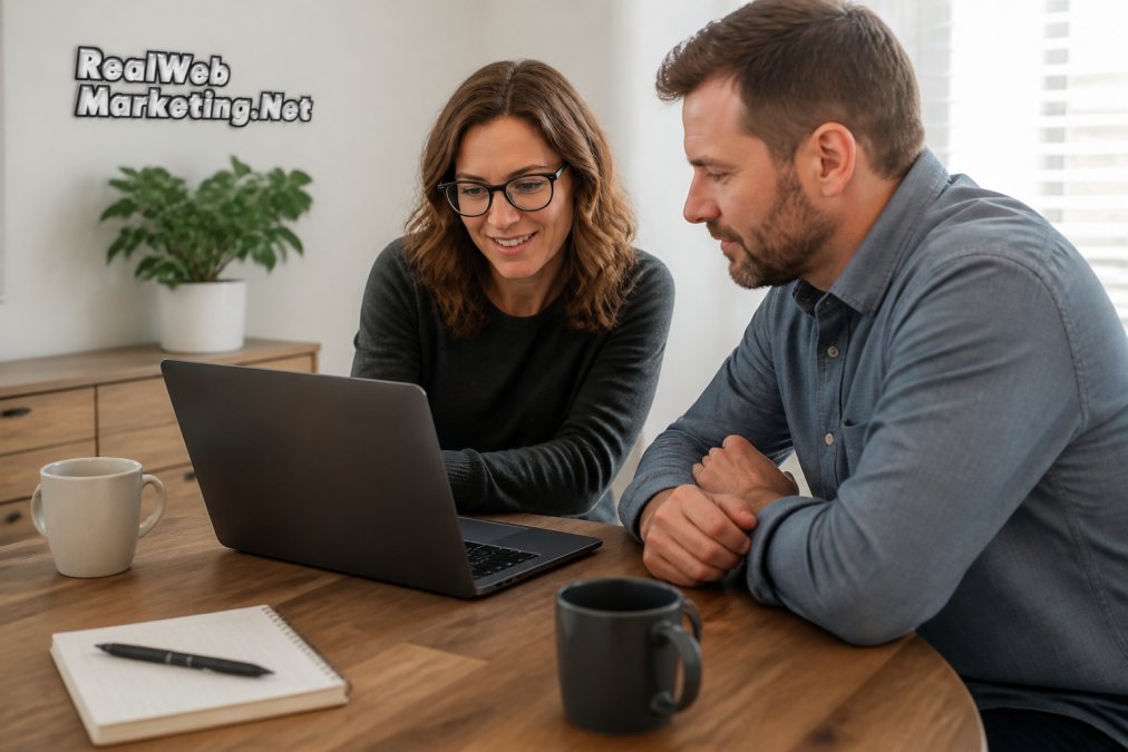 Business owner and consultant using a Google Sheets template to track marketing ROI on a laptop in a home office.