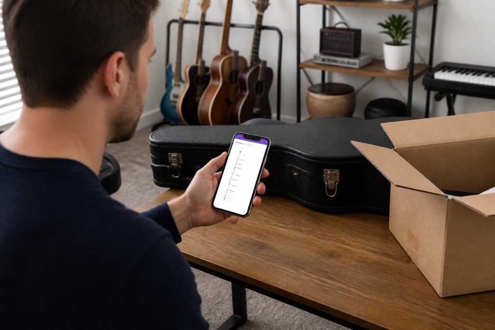 A person at a desk holding a smartphone showing a parcel tracking screen, with a guitar case and an open shipping box nearby in a bright home music room