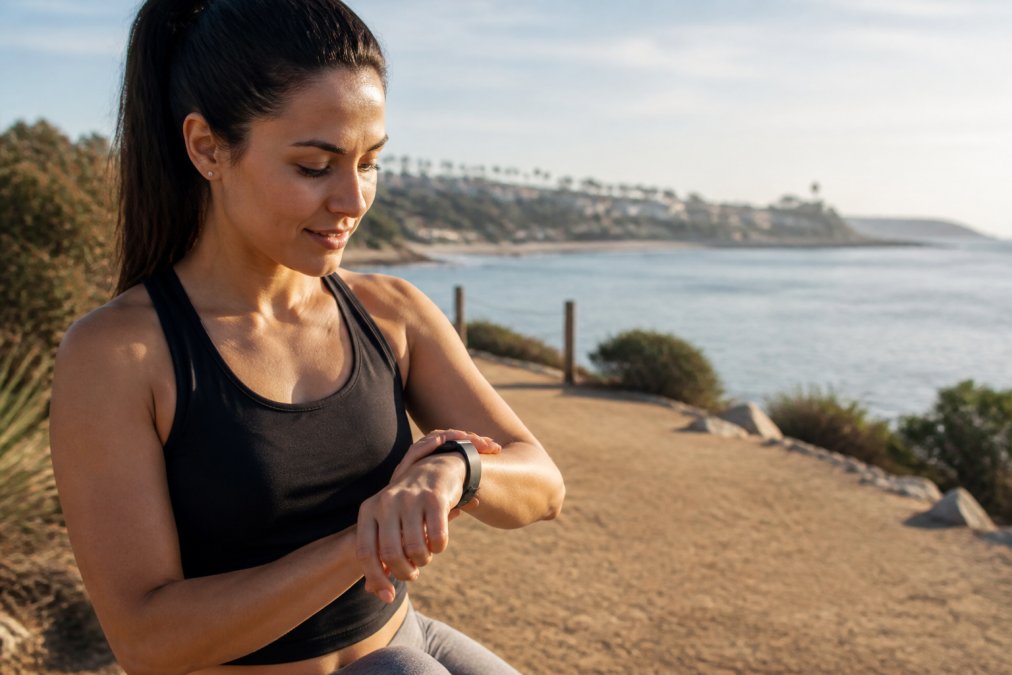 Person checking biofeedback on a smartphone to track nervous system reset while wearing a smartwatch at home.