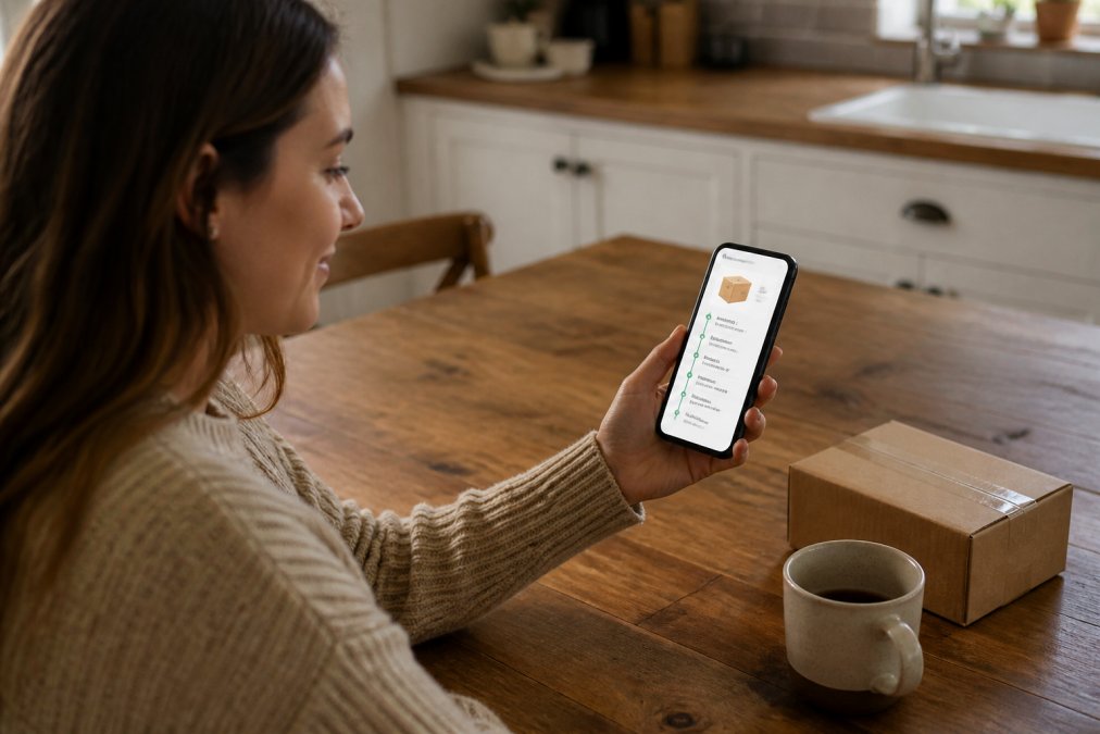 A woman sitting at a kitchen table, holding a smartphone showing a package tracking screen with shipment status updates, coffee mug and a small delivered parcel box visible nearby, warm natural morning light coming through a window