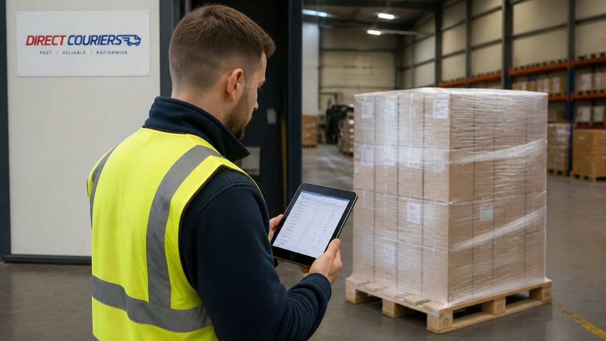 A warehouse worker in a high-vis vest checking a tablet showing a delivery status dashboard, with a wrapped pallet on a wooden base in the background under bright overhead lighting